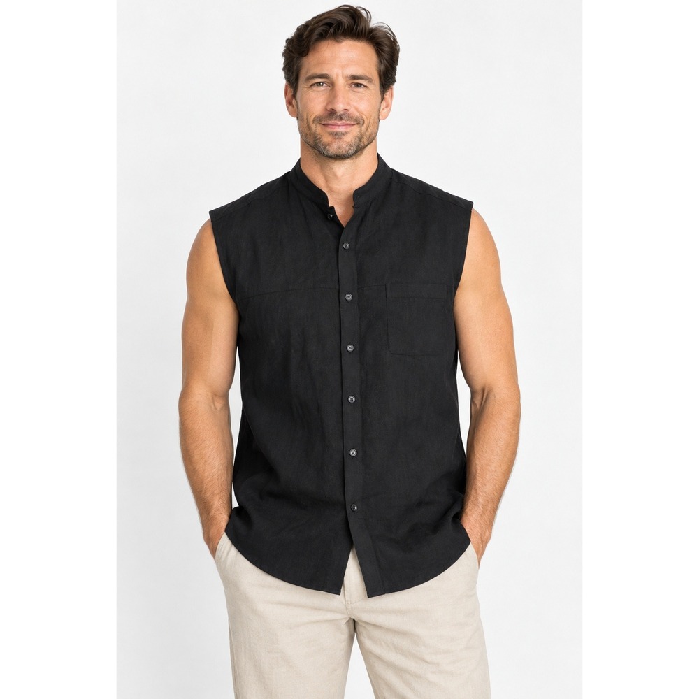 NWT Inserch Mens XL Black 100% Linen Sleeveless Mandarin Collar Shirt